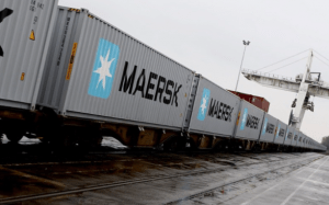 Maersk's shipment of 40 40 'containers arrived in Felixstowe, UK, on March 2, after leaving Yokohama, Japan, in January and having crossed Russia both by land and by sea.
