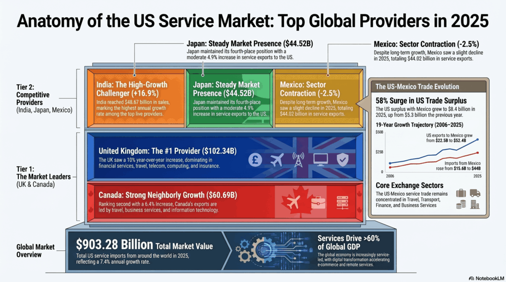 Os 5 principais fornecedores de serviços para os Estados Unidos em 2025