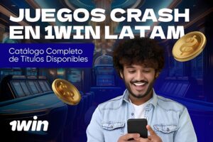 Imagen promocional con el texto "Juegos Crash en 1Win Latam", que muestra a un joven sonriente mirando su celular, rodeado de monedas de oro flotantes y el logo de 1Win. Juegos Crash en 1Win Latam: Catálogo Completo de Títulos Disponibles.