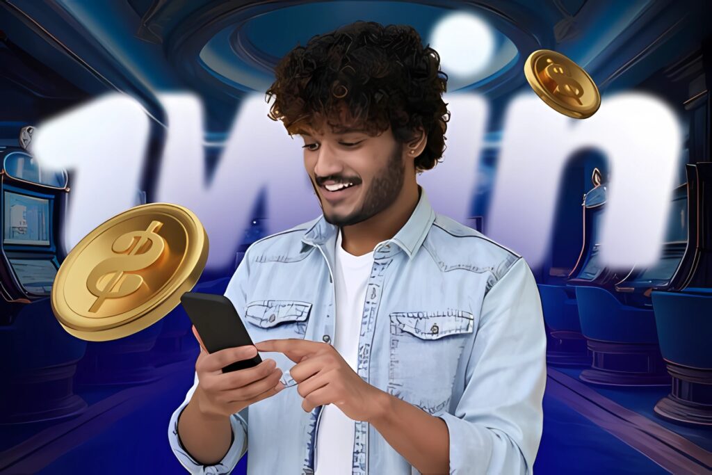 Ilustración de un joven sonriente usando su teléfono móvil frente a las letras "1Win" en blanco, rodeado de monedas doradas flotantes sobre un fondo azul de casino. Juegos Crash en 1Win Latam: Catálogo Completo de Títulos Disponibles.