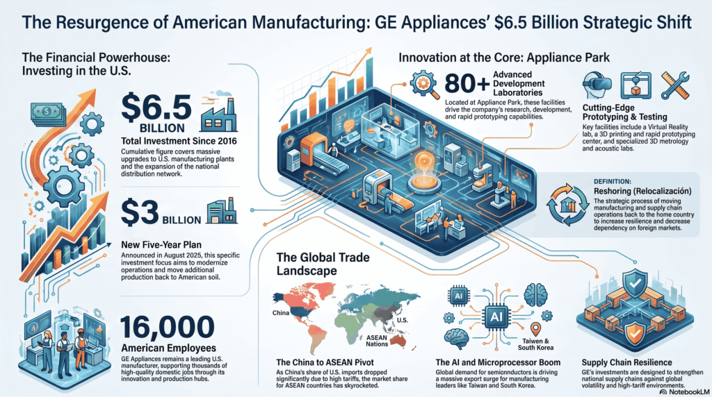 Infografía detallando la inversión de 3,000 millones de dólares de GE Appliances para relocalizar su manufactura, modernizar plantas y fortalecer suministros nacionales, logrando crear diversos empleos de alta calidad tecnológica.