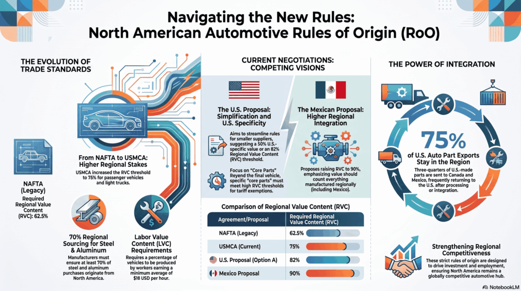 Esta infografía explica las normas de origen del T-MEC, incluyendo el requisito del 75% de contenido regional, el uso de metales norteamericanos y salarios mínimos para asegurar beneficios comerciales equitativos.