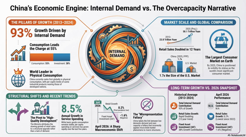Infografía del crecimiento económico chino resaltando la demanda interna como motor principal (93%), compuesta por consumo (55%) e inversión (38%), y la evolución de las ventas minoristas hasta el año 2025.