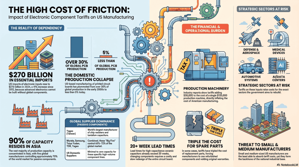 Infografía sobre el impacto económico de aranceles en componentes electrónicos. Ilustra el crecimiento de importaciones a 270 mil millones de dólares y el encarecimiento de maquinaria para la industria manufacturera.