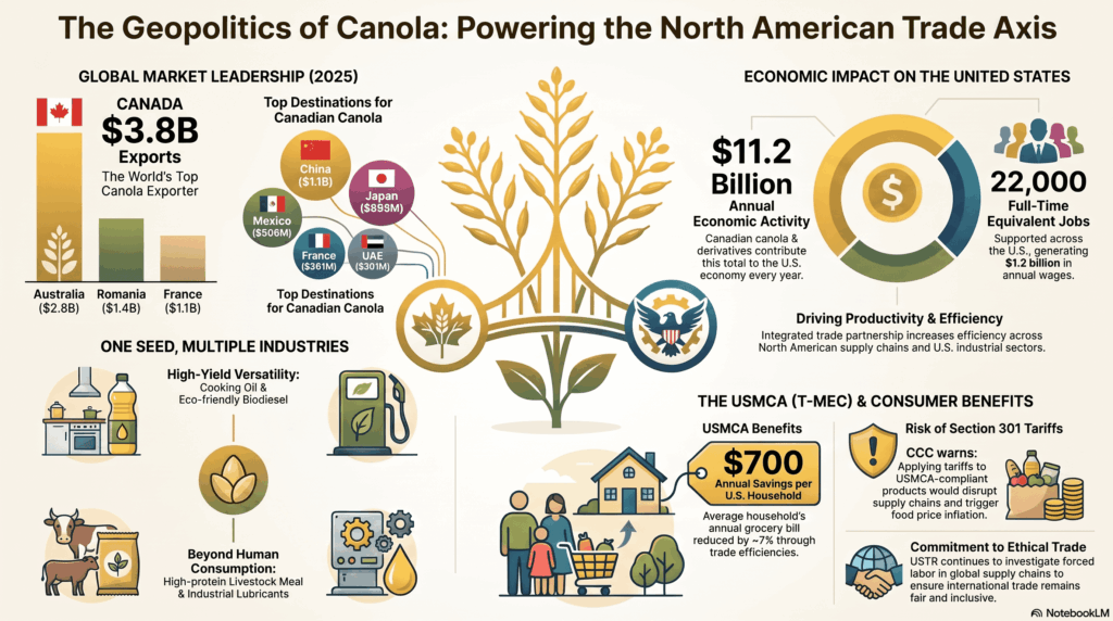 Gráfico de barras que ilustra a Canadá como el principal exportador mundial de canola en 2025 con 3,800 millones de dólares, seguido por Australia, Rumania y Francia en el mercado internacional.