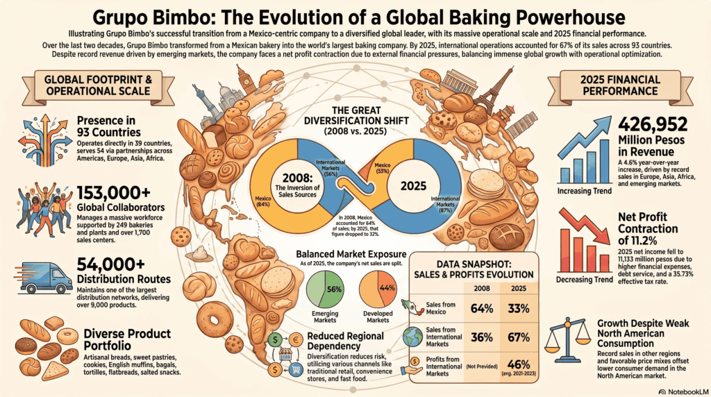 Gráfico de barras comparativo que ilustra la evolución de las ventas de Grupo Bimbo entre 2008 y 2025, destacando el crecimiento significativo en su presencia en diversos mercados internacionales estratégicos.