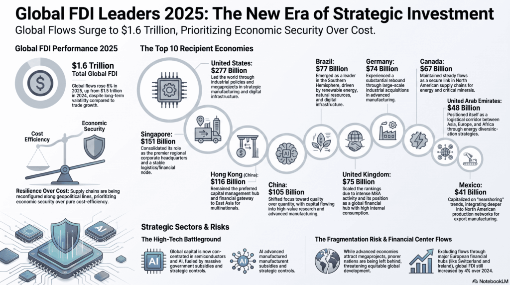 Gráfico de barras detallando las diez economías líderes en IED en 2025, con Estados Unidos encabezando la lista con 277,000 millones, seguido por Singapur y Hong Kong como nodos financieros.