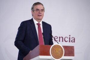 Marcelo Ebrard fala em conferência sobre o T-MEC, as tarifas da Seção 301 e a estratégia do México para obter um tratamento preferencial em relação aos Estados Unidos.