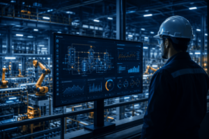 Ingeniero supervisa robots industriales y panel de control digital en una planta automatizada, símbolo de automatización de software, monitoreo en tiempo real y toma de decisiones basada en datos.