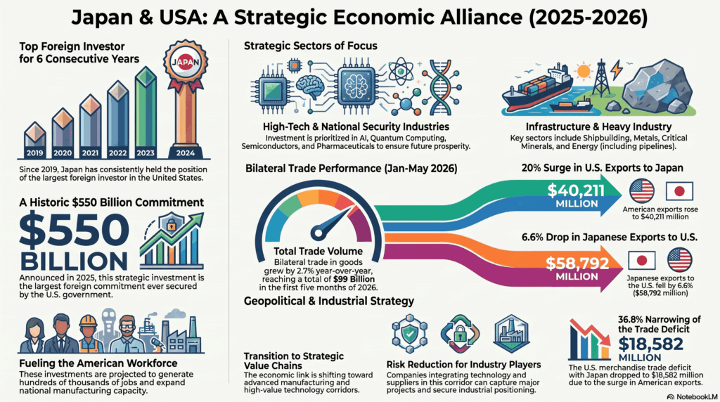 Infografía que visualiza la alianza económica Japón-EE. UU., destacando la inversión estratégica de 550,000 millones de dólares y el incremento del comercio bilateral, que sumó 99,003 millones de dólares en 2026.