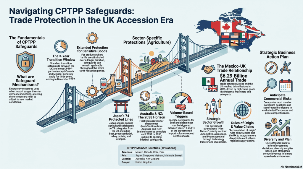 La infografía detalla el funcionamiento y la importancia estratégica de las salvaguardias dentro del Tratado Integral y Progresista de Asociación Transpacífico (TIPAT), especialmente tras la adhesión del Reino Unido.