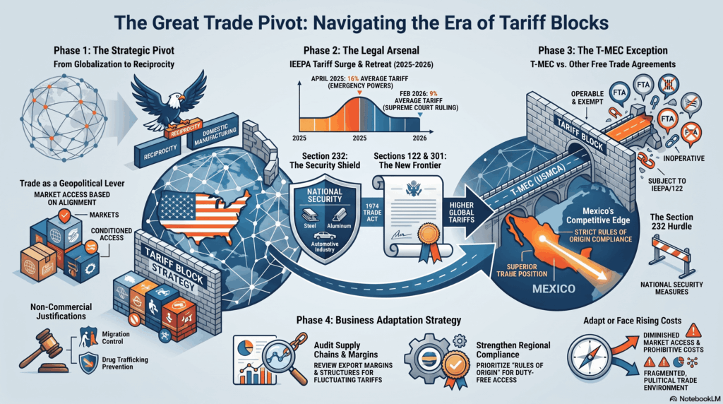 Infografía sobre la fragmentación del comercio global en bloques arancelarios impulsados por Estados Unidos, detallando medidas contra sectores estratégicos y la ventaja competitiva de México bajo el marco del T-MEC.