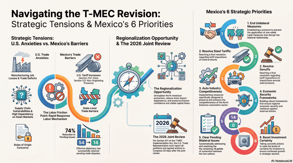 Infografía sobre la revisión del T-MEC detallando las preocupaciones comerciales y prioridades estratégicas de México y Estados Unidos, enfocándose en la integración regional y la resolución de controversias bilaterales clave.