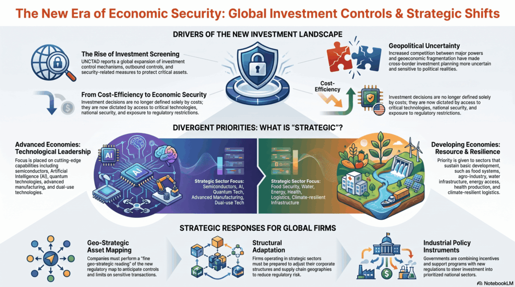 Esta imagen ilustra el crecimiento global de los mecanismos de control de inversiones. Muestra cómo los países protegen activos críticos y tecnologías estratégicas ante las crecientes tensiones geopolíticas y la fragmentación.