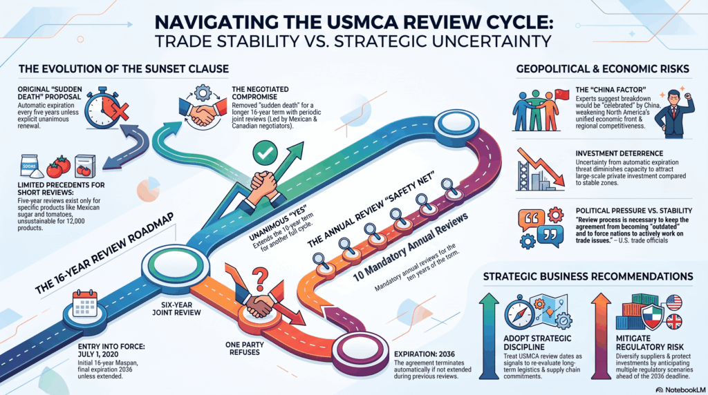 Diagrama circular que ilustra el ciclo de revisión del T-MEC, detallando la vigencia de dieciséis años, las revisiones cada seis años y el mecanismo de consultas anuales ante posibles desacuerdos.