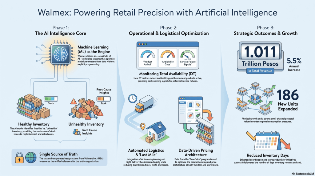 Infografía sobre la evolución digital de Walmex: destaca el uso de inteligencia artificial para gestionar inventarios saludables, métricas de disponibilidad total, impacto positivo en ingresos anuales y mayor eficiencia logística.