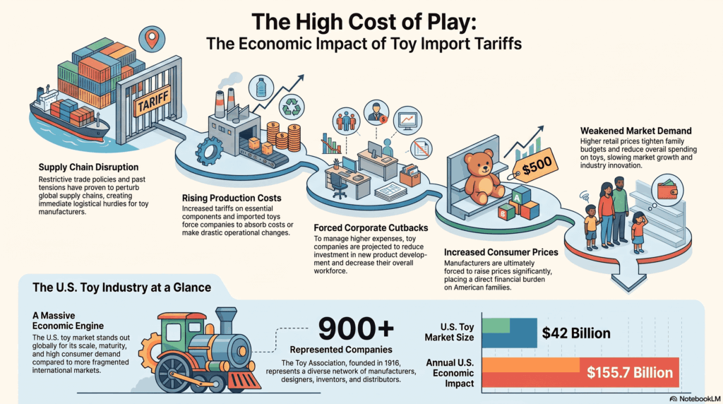Infografía que detalla las consecuencias económicas de los aranceles a la importación de juguetes en Estados Unidos, destacando el aumento de precios para las familias, la reducción de la fuerza laboral y el riesgo para un mercado valorado en 42,000 millones de dólares.