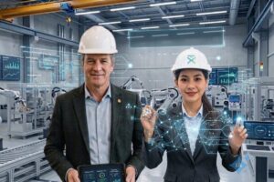 Ingeniero y ingeniera junto a una línea de producción industrial, revisando en una tablet modelos generados por inteligencia artificial mientras pantallas muestran datos de logística y control de calidad.