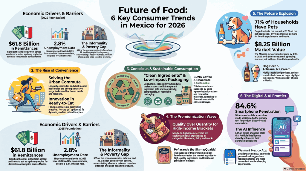 Infografía sobre las seis tendencias de consumo en México para 2026: bienestar, conveniencia, sostenibilidad, marcas premium, expansión de "petcare" y comercio digital, impulsadas por factores económicos como el empleo y las remesas.