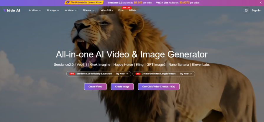 Captura de pantalla de la página de inicio de la plataforma "Viddo AI", mostrando un león generado por IA y botones para crear videos e imágenes, ilustrando el texto sobre herramientas de IA. La elección del mejor generador de vídeo por IA comienza con Claim Survival.