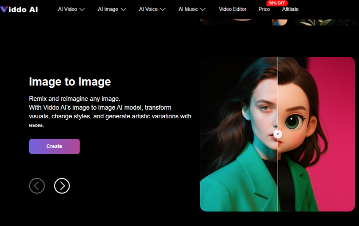 Captura de pantalla de la plataforma Viddo AI mostrando la función "Image to Image", con el rostro de una mujer dividido entre estilo realista y estilo animado, junto al botón Create. La elección del mejor generador de vídeo por IA comienza con Claim Survival.