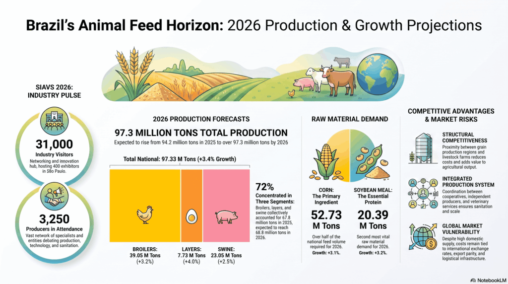 Comparative chart illustrating the projected 3% growth in Brazilian animal feed production by 2026, detailing volumes by livestock sector and the widespread use of corn and soybeans.