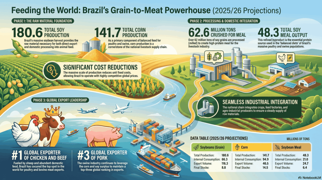 Infografia detalhando as projeções da safra brasileira de 2025/26. Apresenta volumes de produção, consumo e exportações de milho e soja, fundamentais para a competitividade global do Brasil na indústria de proteína animal.