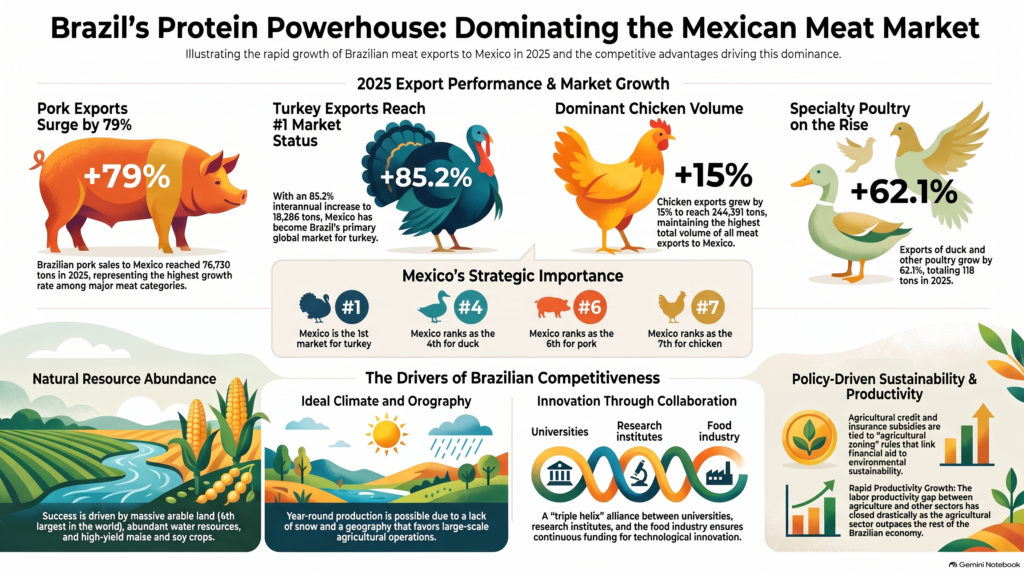Infografía sobre el auge de exportaciones cárnicas de Brasil a México en 2025. Muestra el crecimiento de pollo, cerdo, pavo y pato, resaltando la competitividad, recursos naturales e innovación tecnológica brasileña.