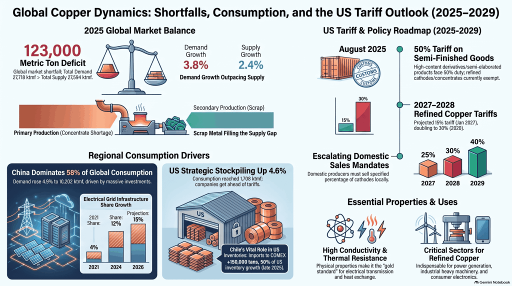 Gráfico comparativo que ilustra el balance del mercado de cobre en 2025. Muestra una demanda de 27,718 ktmf frente a una oferta de 27,594 ktmf, evidenciando un déficit global.