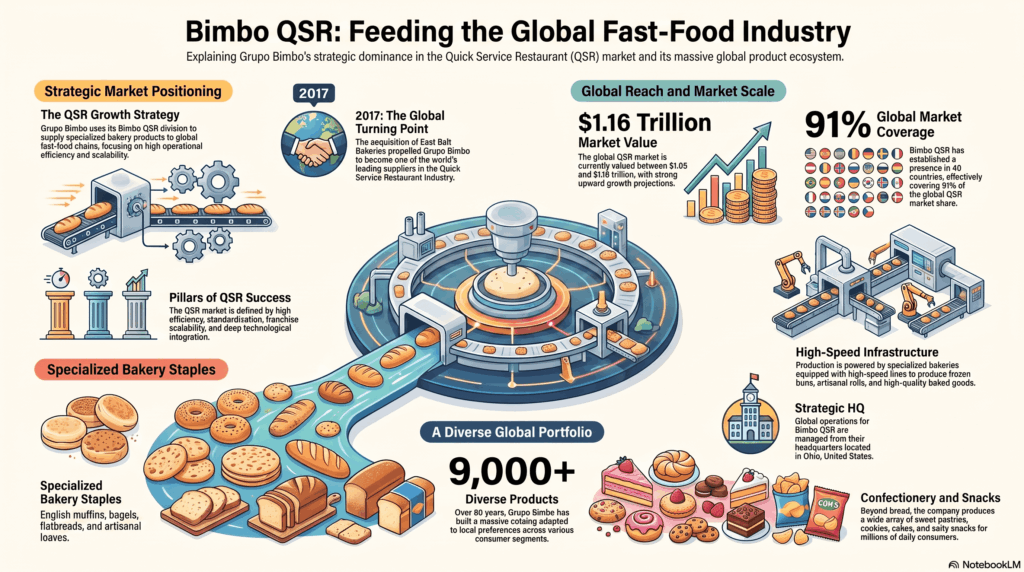 Infografia detalhando a liderança da Bimbo QSR no setor global de fast-food. Mostra sua presença em quarenta países, produtos de alta qualidade e o valor de mercado que atinge bilhões.