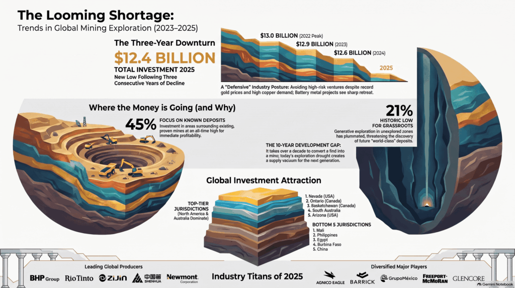 Infografía sobre exploración minera en 2025. Detalla la caída a 12,400 millones de dólares, el enfoque en yacimientos conocidos (45%) y el mínimo histórico registrado en la exploración básica (21%).