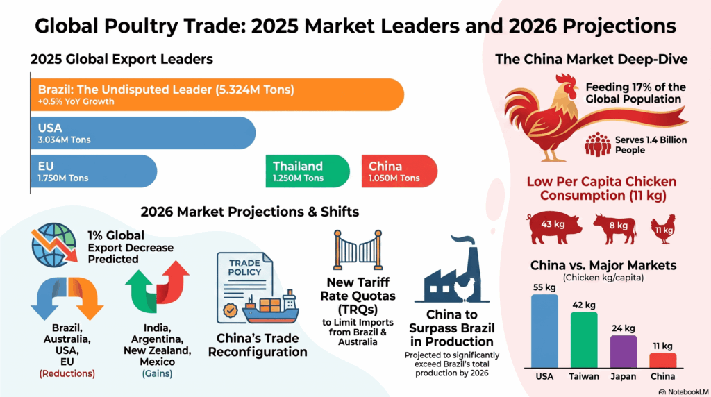 Gráfico de barras que detalla los cinco principales exportadores de carne de pollo en 2025: Brasil (5.3M toneladas), EE. UU. (3M), Unión Europea (1.7M), Tailandia (1.2M) y China (1.05M toneladas).