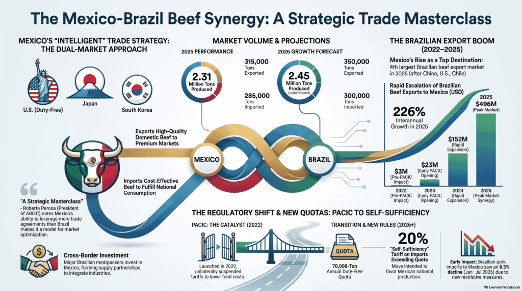 Infografía que muestra el flujo comercial de carne bovina entre México y Brasil, resaltando el incremento de importaciones mexicanas de 3 a 496 millones de dólares entre 2022 y 2025.