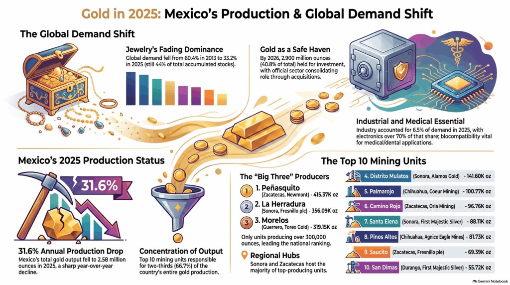 Gráfico de barras que ilustra las diez principales unidades mineras de oro en México durante 2025, destacando a Peñasquito, La Herradura y Morelos como los productores líderes en miles de onzas.