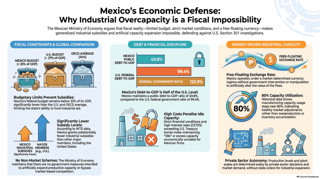 Infografía comparativa que ilustra la disciplina financiera de México, destacando un presupuesto federal inferior al 25% del PIB, una deuda pública del 49.8% y un uso eficiente de la capacidad manufacturera cercano al 80%,,.