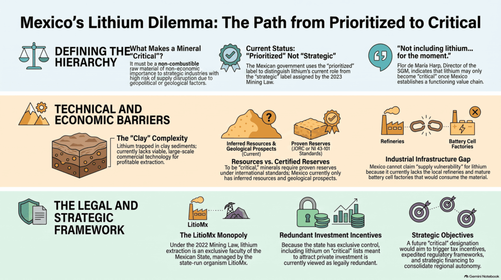 Infografía que explica por qué México clasifica el litio como mineral prioritario y no crítico, debido a depósitos de arcilla, falta de reservas certificadas, ausencia de refinerías y monopolio estatal.