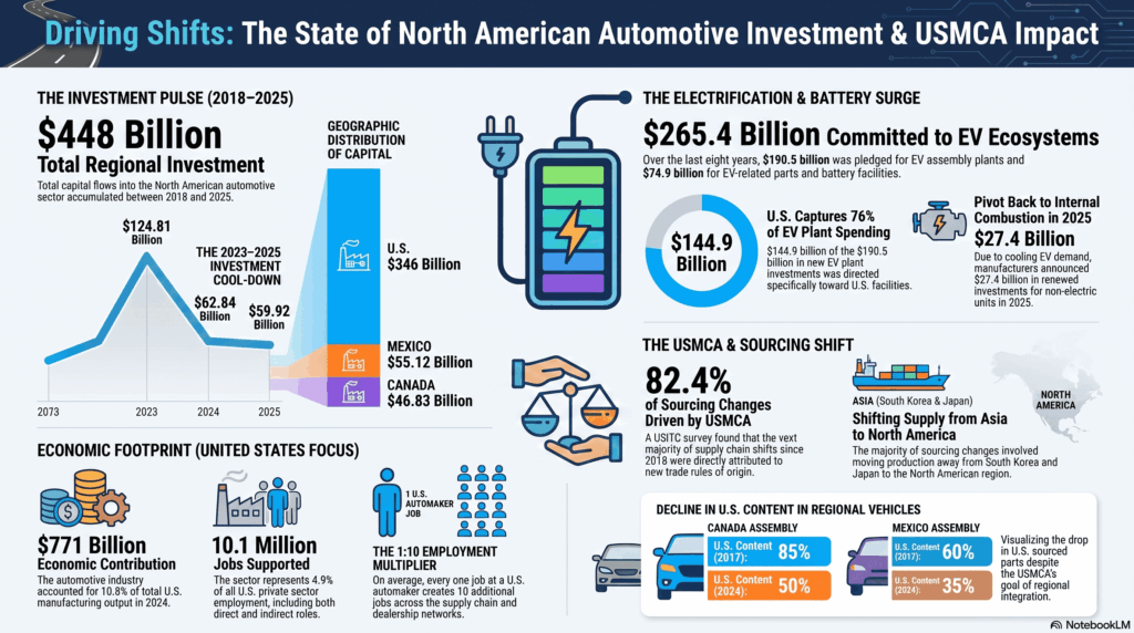 Gráfico detallando el descenso de inversiones automotrices en América del Norte durante 2023-2025, mostrando una reducción desde 124,810 millones hasta 59,920 millones de dólares, enfocándose en producción eléctrica y baterías.