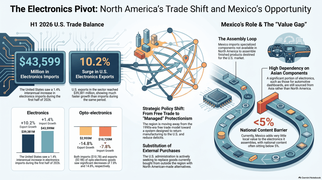 Gráfico que compara el comercio de productos electrónicos de Estados Unidos en 2026: importaciones por 43,599 millones de dólares y exportaciones de 39,381 millones, detallando variaciones interanuales en ambos flujos.