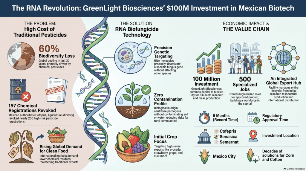 Infografía detallando la inversión de cien millones de dólares de GreenLight Biosciences en México para producir biofungicidas de ARN, destacando la creación de quinientos empleos y la cadena de exportación.