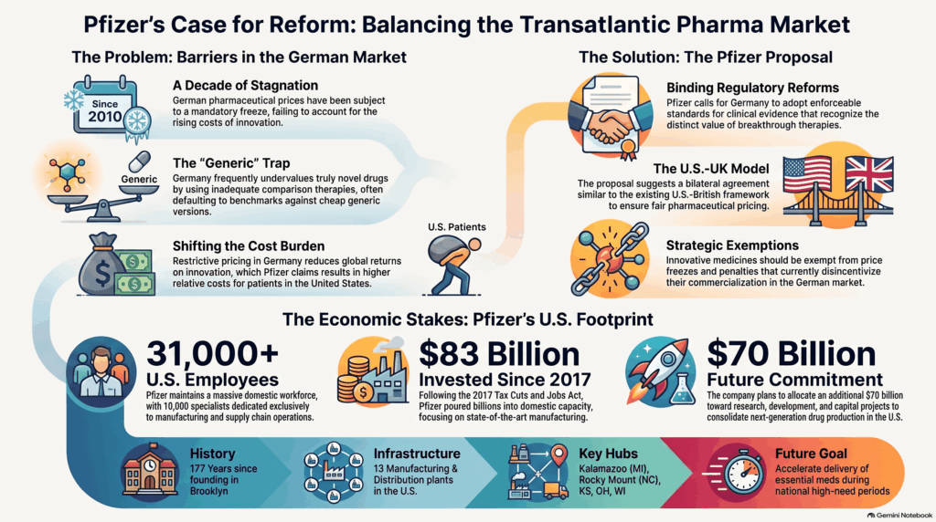 Infographie détaillant la proposition de Pfizer pour un accord pharmaceutique entre les États-Unis et l’Allemagne, visant à réformer les politiques de prix allemandes qui sous-évaluent les médicaments innovants par rapport aux génériques et aux remises.