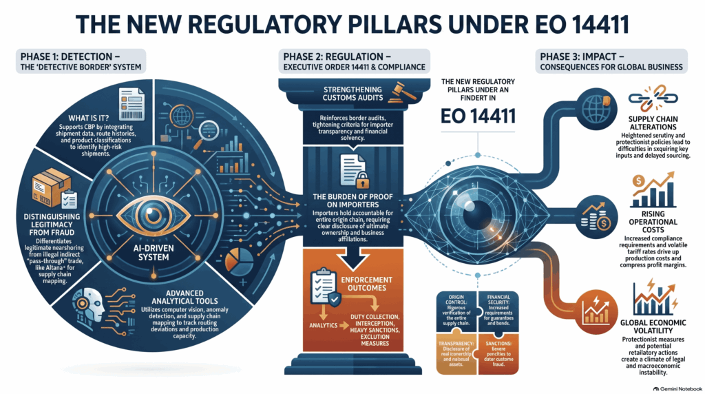 Infografía que ilustra los cuatro pilares de la Orden Ejecutiva 14411: responsabilidad del importador, garantías financieras, transparencia comercial y régimen sancionador, fortaleciendo el control aduanero para prevenir el fraude fronterizo.
