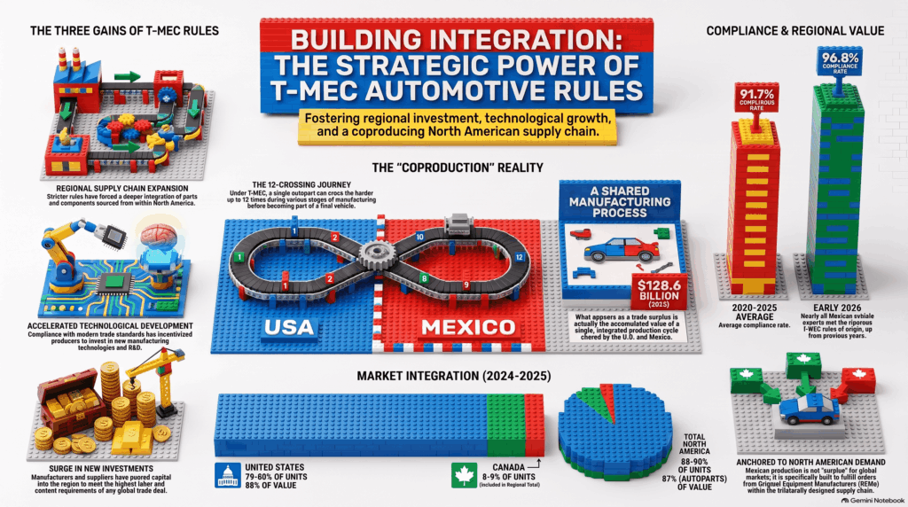 A chart illustrating Mexico’s 96.8% compliance with the USMCA’s rules of origin, detailing the distribution of automotive exports to the United States and Canada under integrated industrial processes.