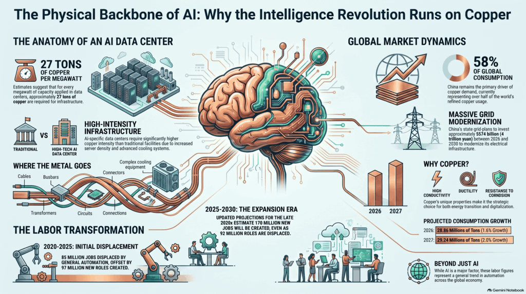 Texto alternativo de la infografía "The Physical Backbone of AI" que ilustra la creciente demanda de cobre por la infraestructura de inteligencia artificial, destacando cables, transformadores y equipos de refrigeración.