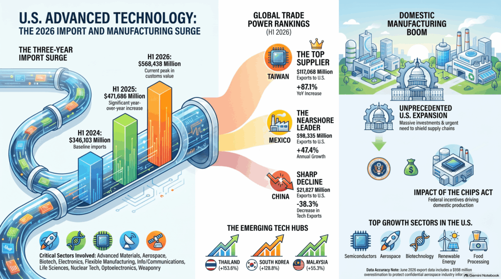 Gráfico que muestra la evolución de importaciones tecnológicas a Estados Unidos de 2024 a 2026, destacando el fuerte incremento de socios como Taiwán y México frente al descenso de China.