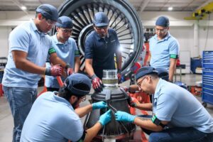 Técnicos aeroespaciales en formación colaboran en el ensamblaje de un gran motor de avión en una planta manufacturera avanzada en México, utilizando herramientas y equipo de seguridad. Panorama del crecimiento industrial y la competitividad corporativa en el mercado mexicano.