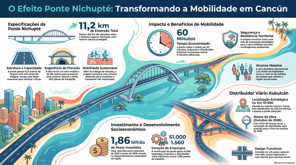 Gráfico de barras que mostra o impacto da Ponte Nichupté em Cancún, destacando a redução de 55 minutos nos percursos para 1,32 milhões de habitantes e 20 milhões de turistas.