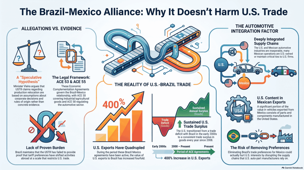 Informative infographic on the trade alliance between Brazil and Mexico, highlighting the ACE 53 and ACE 55 agreements alongside Foreign Minister Vieira’s stance in response to U.S. tariff criticism.