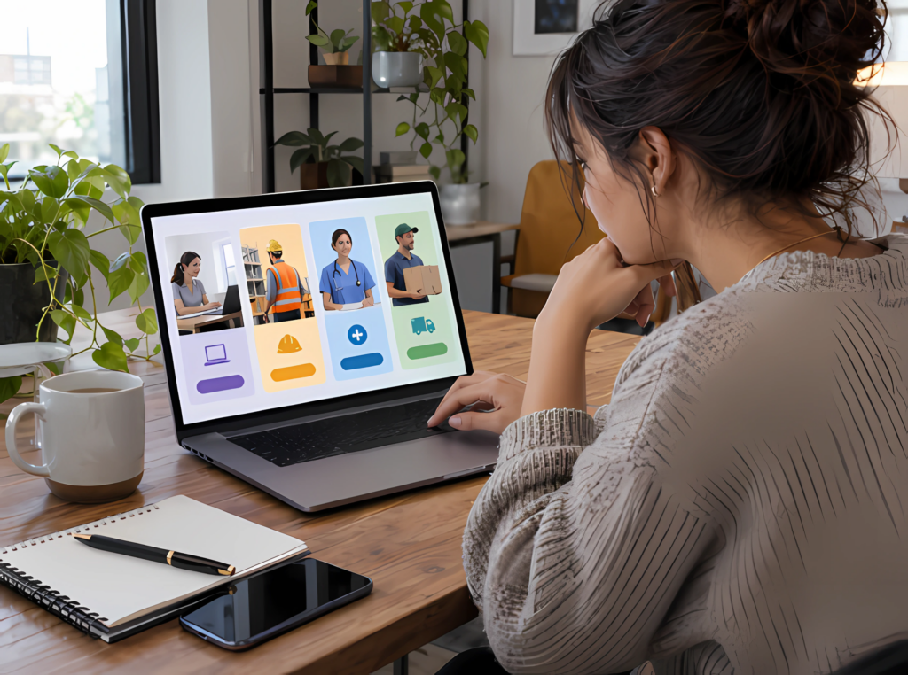 Mujer analizando en su computadora ofertas de empleo internacionales con perfiles de atención a clientes, construcción, medicina y reparto, para evaluar mejores opciones laborales, salarios y beneficios en el extranjero.