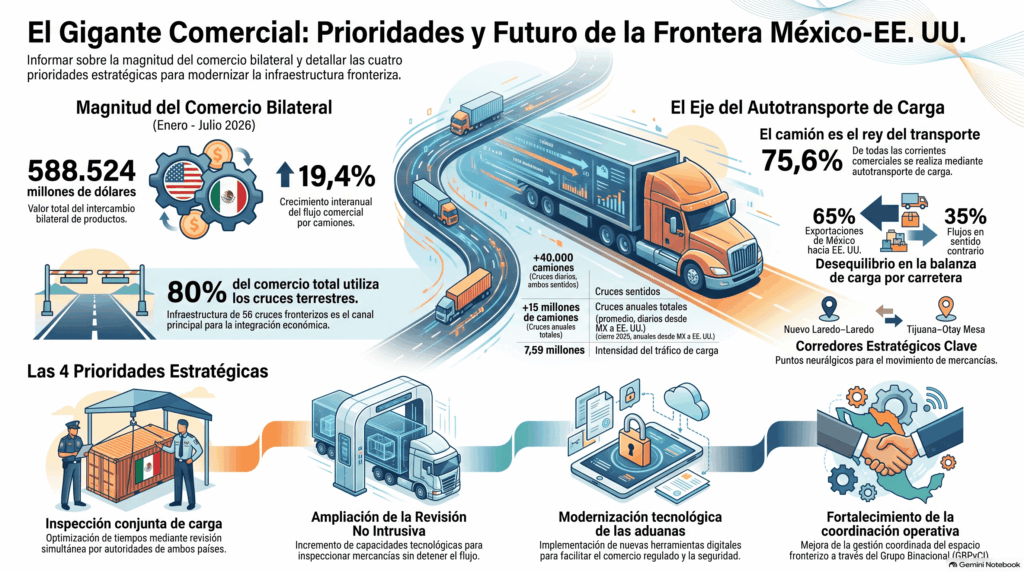 Gráfico que ilustra la estructura del comercio entre México y Estados Unidos: 75.6% se transporta por camión, correspondiendo el 65% a exportaciones mexicanas y el 35% a exportaciones estadounidenses.