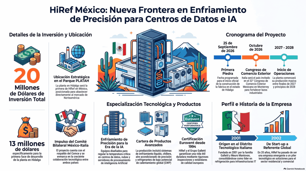 Infografía de HiRef sobre su nueva planta en Hidalgo, México, destinada a la producción de sistemas de enfriamiento de precisión HVAC y refrigeración líquida para centros de datos y servidores.